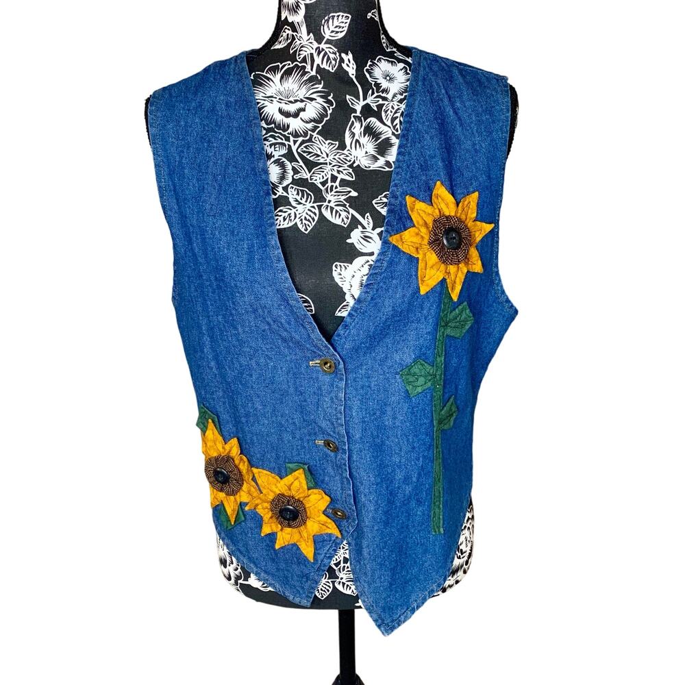 Vintage 90s Jean Vest with Sunflower Detailing